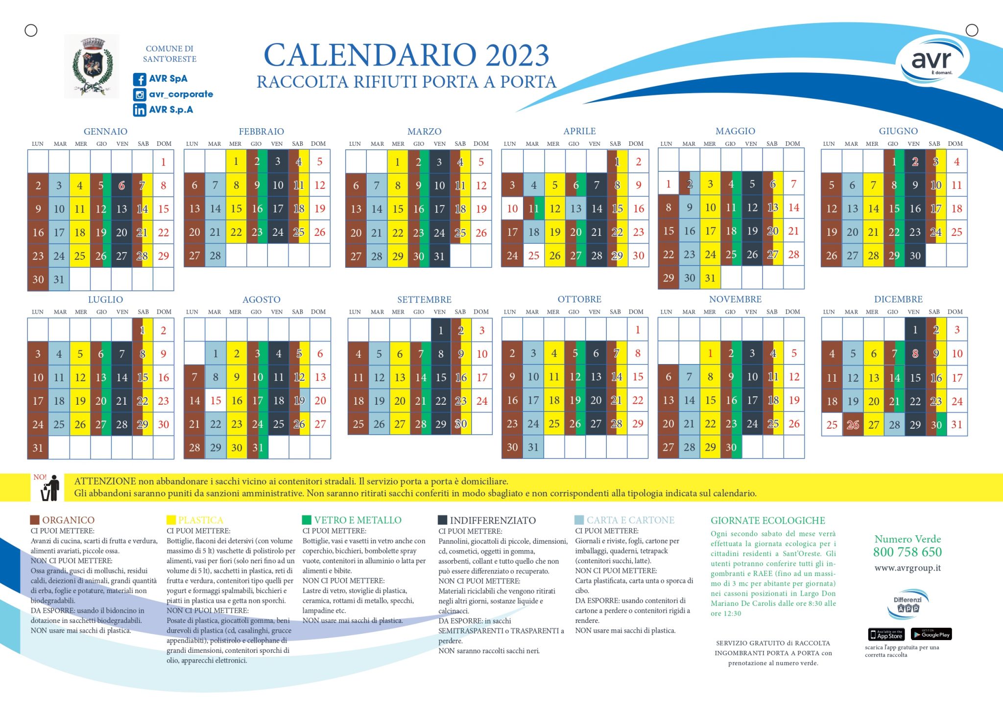 CALENDARIO 2023 RACCOLTA RIFIUTI PORTA A PORTA Comune di Sant